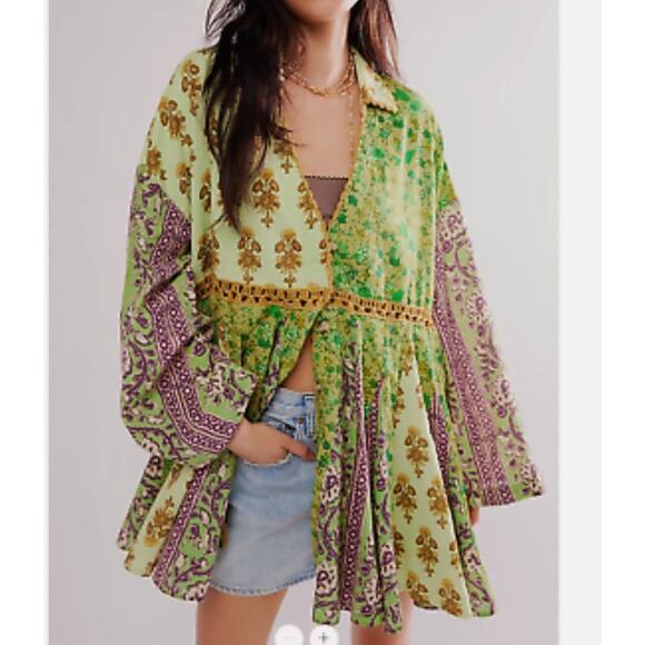 Free People Hazy Baby Boho Printed Mini Dress Sweet Mint Size XS Oversize NWT - Picture 1 of 6